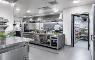 Moderne Gastronomieküche mit Kühlraum, Edelstahl-Arbeitsflächen und strukturierten GFK-Hygienewänden