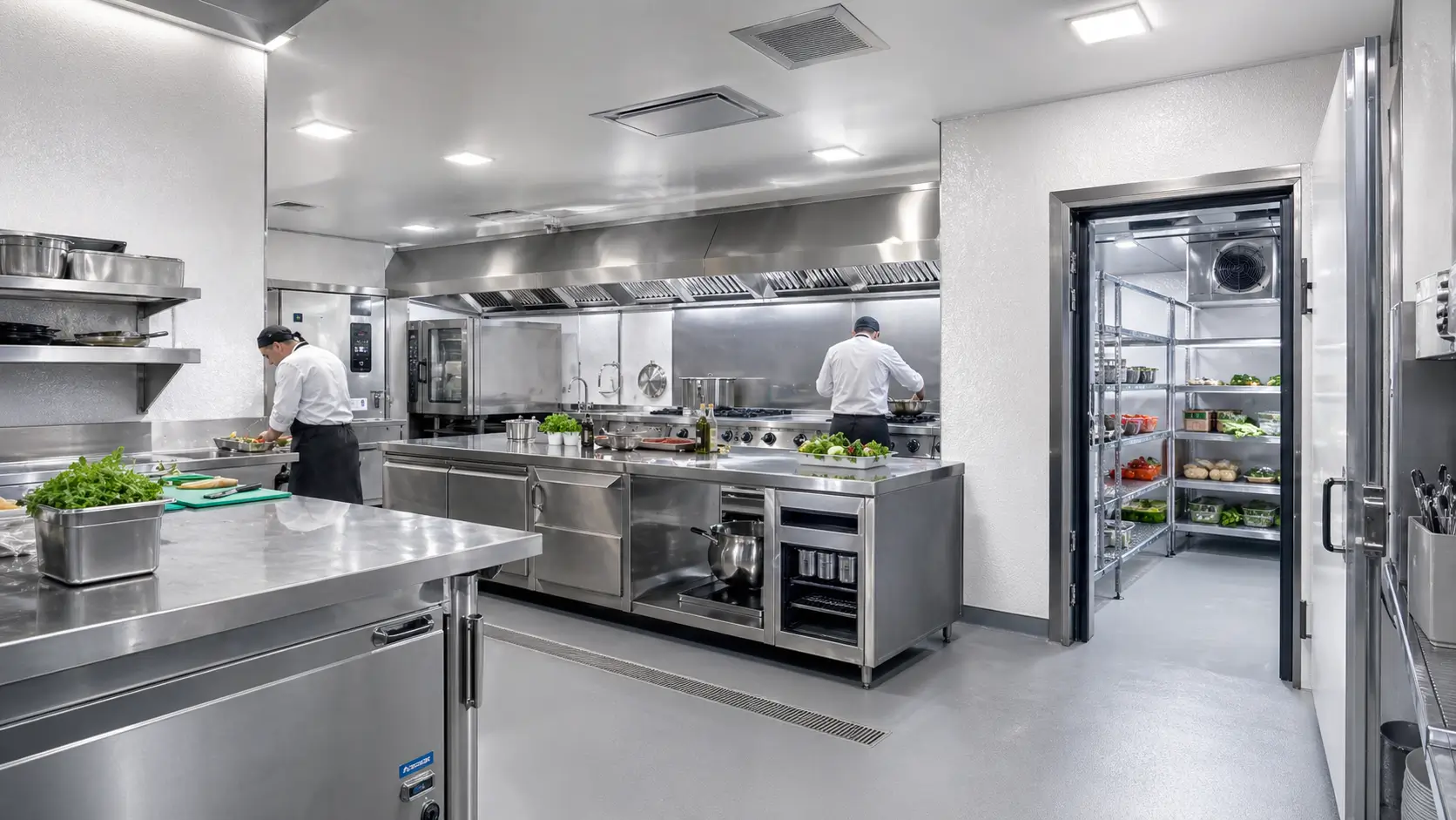 Moderne Gastronomieküche mit Kühlraum, Edelstahl-Arbeitsflächen und strukturierten GFK-Hygienewänden